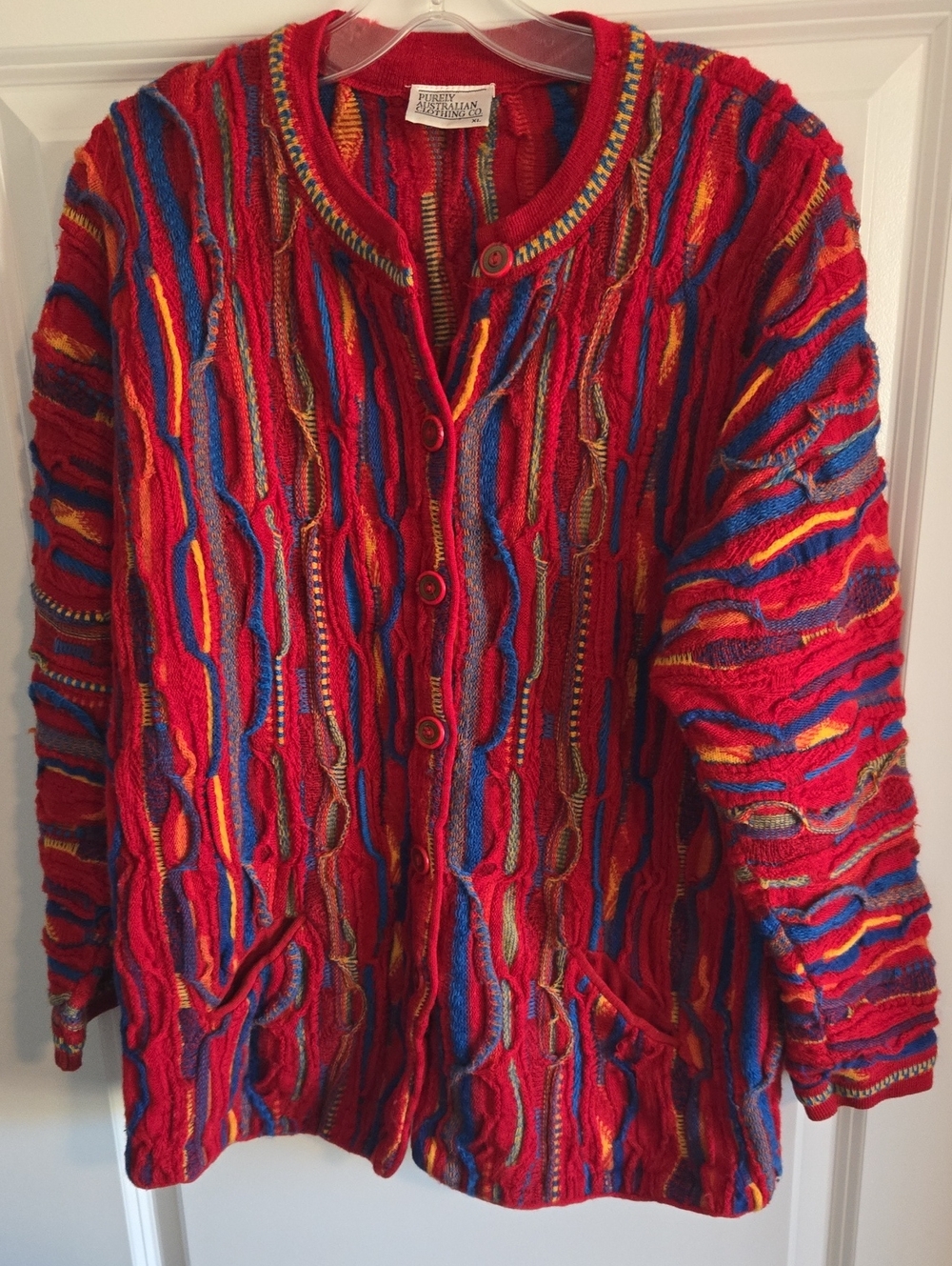 Purely Austrailian Coogi Style Multicolor Red Cable-Knit Button Cardigan Sweater